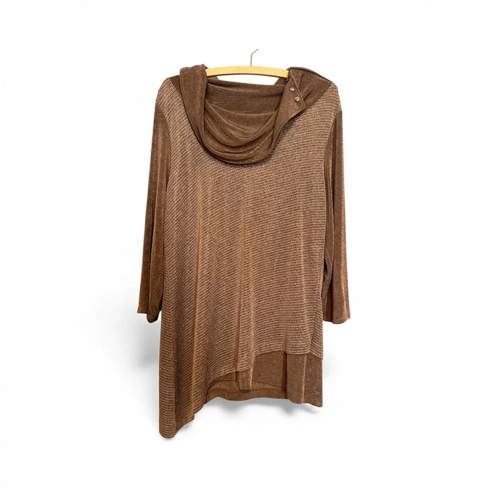 Chicos Travelers Metallic Brown Shimmer Cowl Neck Asymmetric Tunic Sz 1 US XL - Picture 1 of 16